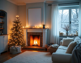 Gemütliches Poster Mockup in einem weihnachtlichen Wohnzimmer mit Kamin und Schneelandschaft