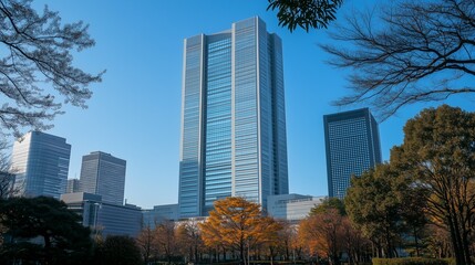 Modern skyscrapers in Tokyo, Japan with a blue sky background
