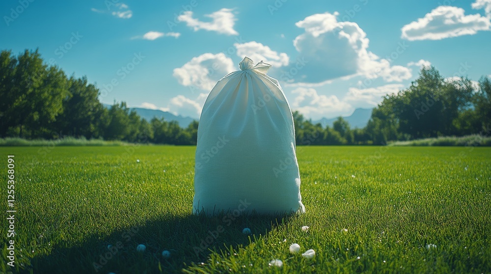 Poster mysterious white bag on lush green field under a bright blue sky with fluffy clouds, evoking a sense