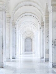 Obraz premium A serene, white marble corridor with an arched ceiling and a perfectly aligned white frame.