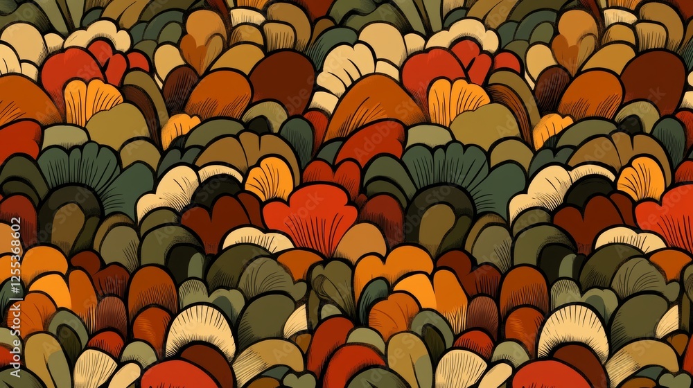 Poster abstract pattern featuring organic forms with autumn inspired hues and varying line weights