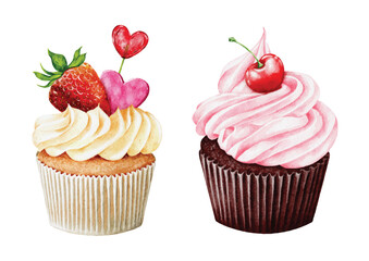 Set of hand-painted watercolor dessert cupcakes