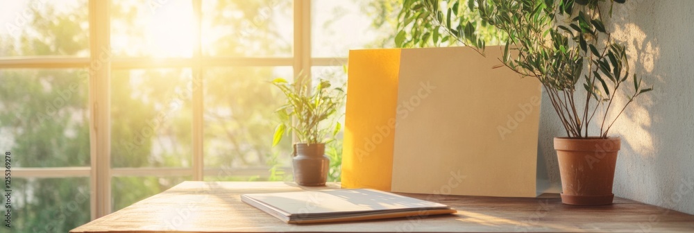 Poster sunlit modern office scene open files with lush greenery on wooden desk - eco-friendly workspace des