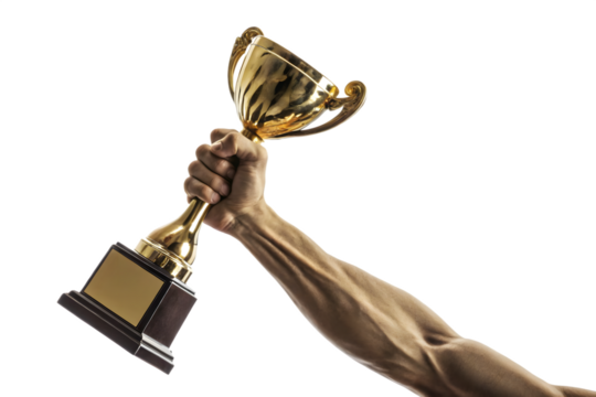 a white strong hand holding a golden colored champion trophy