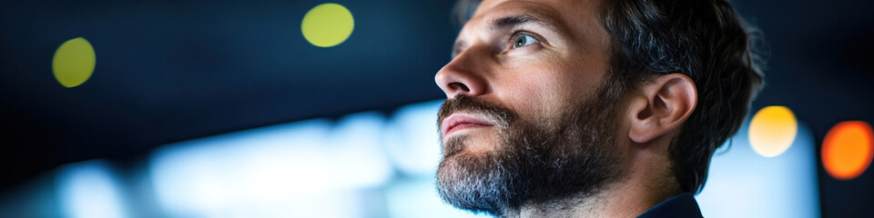 Profile of Bearded Man Against Blurred Background Lighting