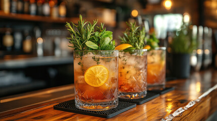 Bar with an emphasis on artisanal gin and tonic garnished with herbs and spices