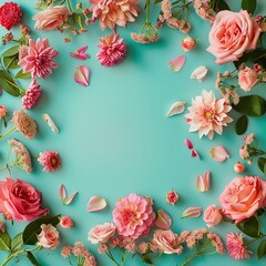 Spring or summer floral background featuring pink roses and chrysanthemums on a turquoise paper, arranged in a flat lay top view with a pattern frame. Perfect for spring concepts, Women's Day themes, 