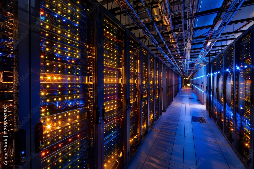 Poster rows of high tech servers illuminated by vibrant lights in a modern data center during late evening 