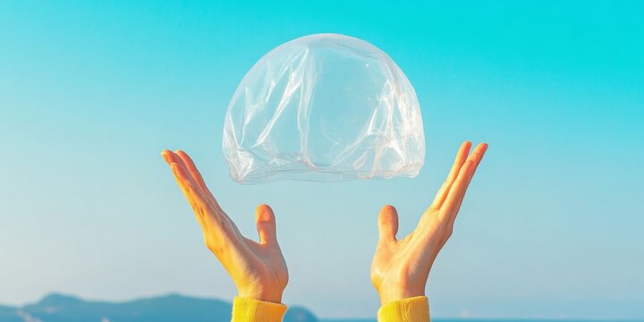 Minimalist Environmental Art Floating Transparent Bag Against Blue Sea Sky - Eco Awareness Content and Educational Campaign Visual