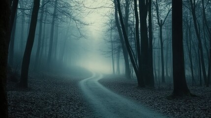 Fototapeta premium Mysterious Foggy Forest Path: A Serene and Eerie Woodland Scene