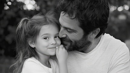 Fototapeta premium A little girl whispering a secret into her father ear, laughter in the background