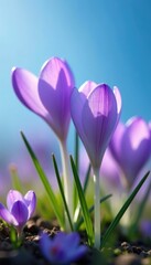 Fototapeta premium soft purple hues of blooming crocus against blue sky, purple crocus, garden, blue