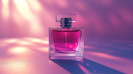 Pink perfume bottle, studio shot, light flares, advertising