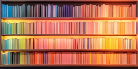 Color-Coded Library Shelf Display Contemporary Multicolored Book Spines on Wooden Shelving - Educational Content Curation for Academic and Digital Learning Spaces