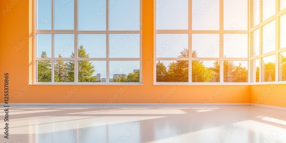 Poster sunlit minimalist workspace glass-walled room with modern windows and pristine flooring - trade show