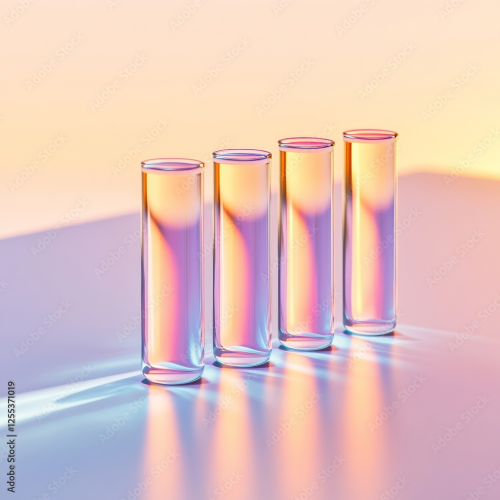 Poster pastel chromatic lab display gradient glass test tubes on sleek surface - modern scientific analysis