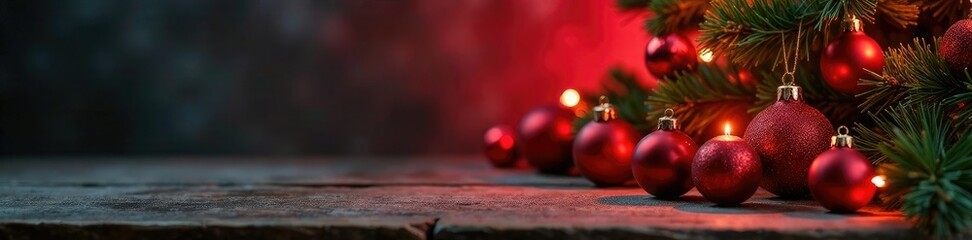 Obraz premium Soft red light illuminates Christmas tree ornaments on wooden stucco table, stucco, holiday, christmas