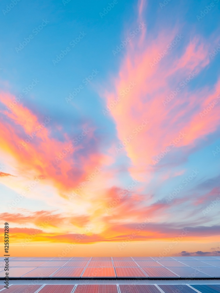 Poster sunset over solar harmony geometric solar panel array for renewable energy solutions - innovation in
