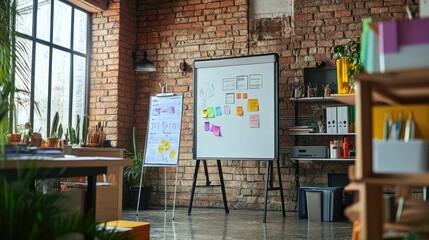 A creative workspace with a whiteboard, flowcharts, and office supplies neatly arranged for team planning sessions.