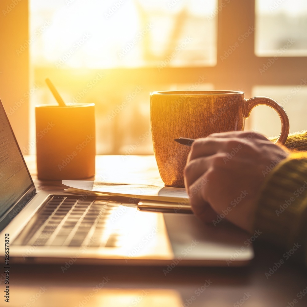 Aufkleber contemporary remote learning adult learners hands with notebook and coffee in sunlit workspace - e-l