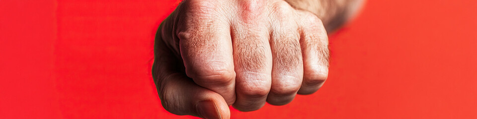 Fototapeta premium Close-up of a Male Fist Against Red Background