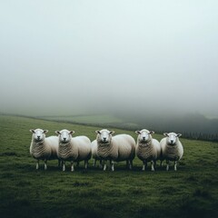 Fototapeta premium Five sheep in foggy field, misty hills background; pastoral scene