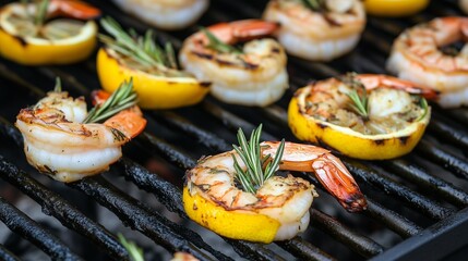 A close-up of grilled prawns with herbs and lemon, showcasing a delicious seafood dish. Perfect backdrop for food blogs, menus, or culinary content.


