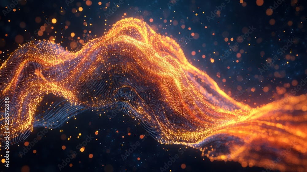 Poster a vibrant display of flowing particles, creating a mesmerizing wave of shimmering orange and gold ag