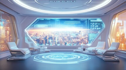 Obraz premium A futuristic meeting room with augmented reality AR technology displaying corporate strategies and solutions.