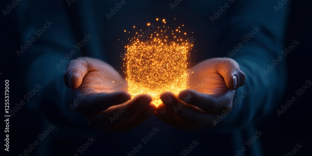 Poster Futuristic Cybersecurity Visualization Hands Holding Glowing Data Cube against Dark Background - Digital Protection Imagery for Tech Marketing and Network Security Industries