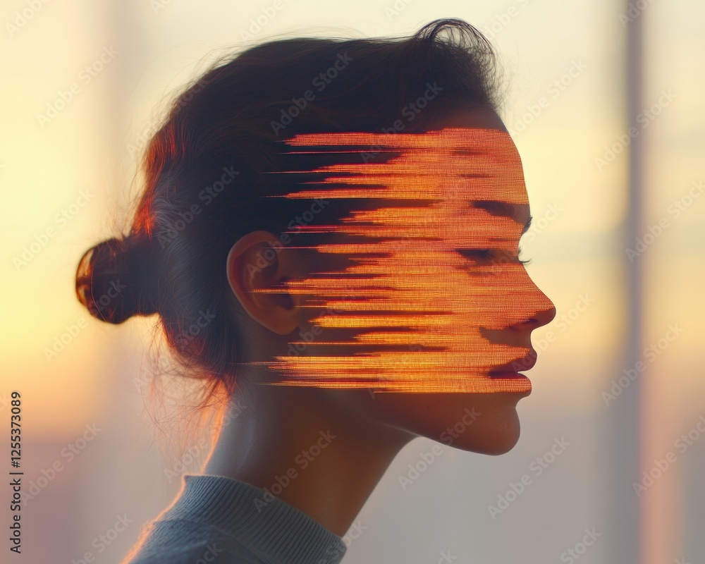 Aufkleber Experimental AI Portrait Womans Silhouette Overlay with Binary Code and Network Connections - EdTech Marketing and Digital Transformation for Future Skills Empowerment