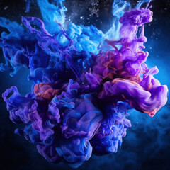 Vibrant blue and purple ink explosion in water creating a dynamic 3D smoke effect with fluid motion