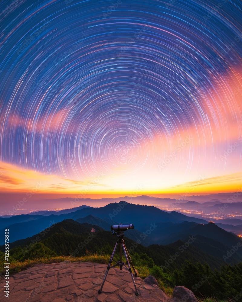 Poster star trail time-lapse over mountain landscape with telescope cosmic movement and astronomy stock for