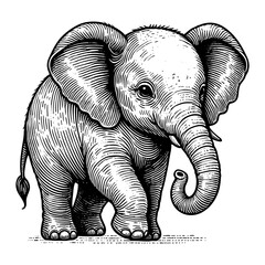 baby elephant adorned with traditional ornamental patterns, inspired by cultural and artistic motifs from India and Asia sketch engraving generative ai PNG. Scratch board. Black and white image.