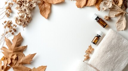 Autumn Spa Essentials Flat Lay with Dried Flowers and Essential Oils