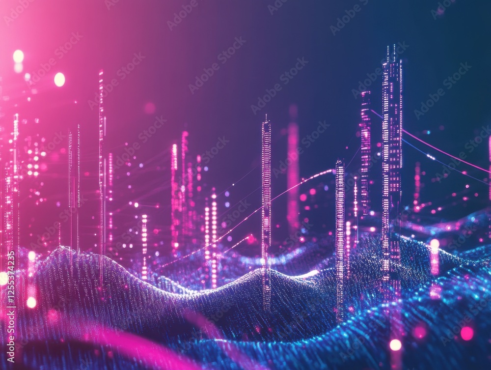 Poster a vibrant, abstract representation of data waves with glowing lines and particles, evoking a sense o