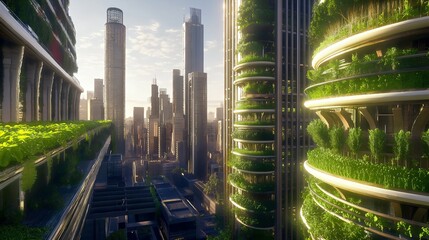 Fototapeta premium Sustainable and eco-friendly environment. Sustainability, and urban living, vertical gardens and hydroponic farms, nature with modern architecture