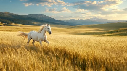 Fototapeta premium A majestic white stallion galloping through a golden wheat field at sunrise