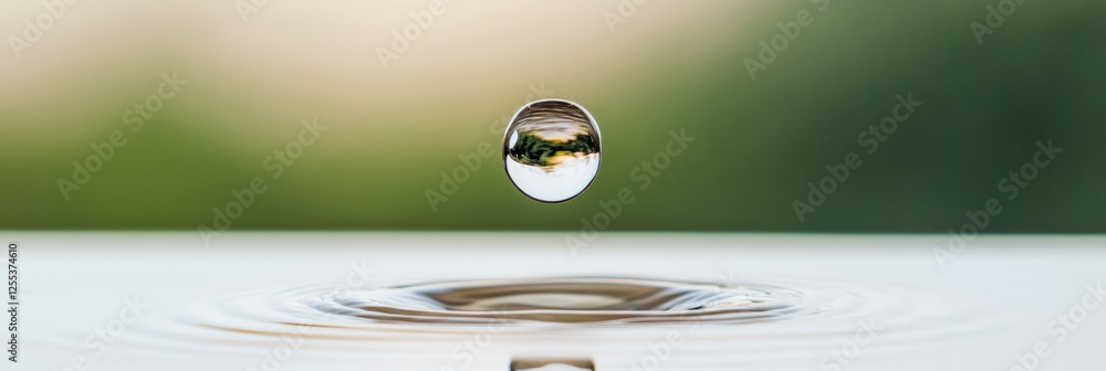 Poster dynamic fluid art capturing water drop in mid-air over rippled surface - innovative visualization fo