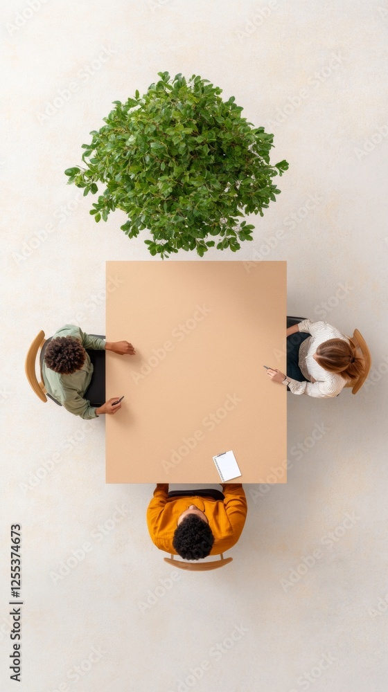 Poster minimalist team collaboration strategic planning table with greenery overhead in modern non-profit s