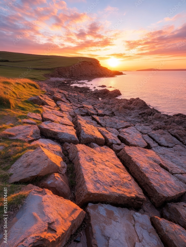 Poster dramatic coastal erosion art textured rock layers and cliffs in golden sunset - environmental impact