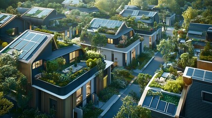 Futuristic residential neighborhood with modern homes are seamlessly integrated with nature, Solar panels are installed on the rooftops, renewable energy and sustainable living concept