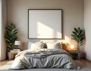 Poster Mockup in einem sonnendurchfluteten skandinavischen Schlafzimmer mit Pflanzen