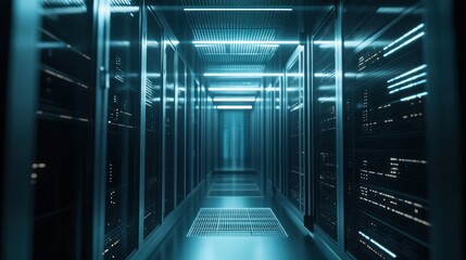 Illuminated Server Room Corridor: Data Center Infrastructure and Technology