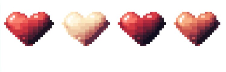 Fototapeta premium Pixel art hearts in various shades, perfect for love themed designs, showing emotions of affection, passion, and sentimentality, suitable for digital projects