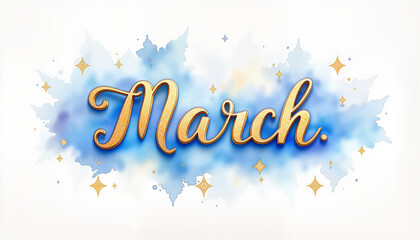 Elegant March postcard with gold lettering on pastel background, celebration