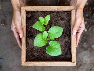 Nature-Centric Community Engagement Hands Holding Organic Plant in Wooden Box - Sustainable Garden Development and Eco-Friendly Urban Design Showcase