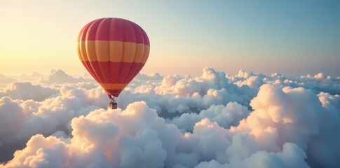 Obraz premium Hot air balloon rides high amidst wispy clouds, soft clouds, light and airy, fluffy clouds