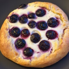 Blueberry Cream Cheese Danish: A freshly baked blueberry cream cheese Danish, featuring a golden-brown crust, a generous dollop of creamy filling, and a scattering of plump, juicy blueberries.