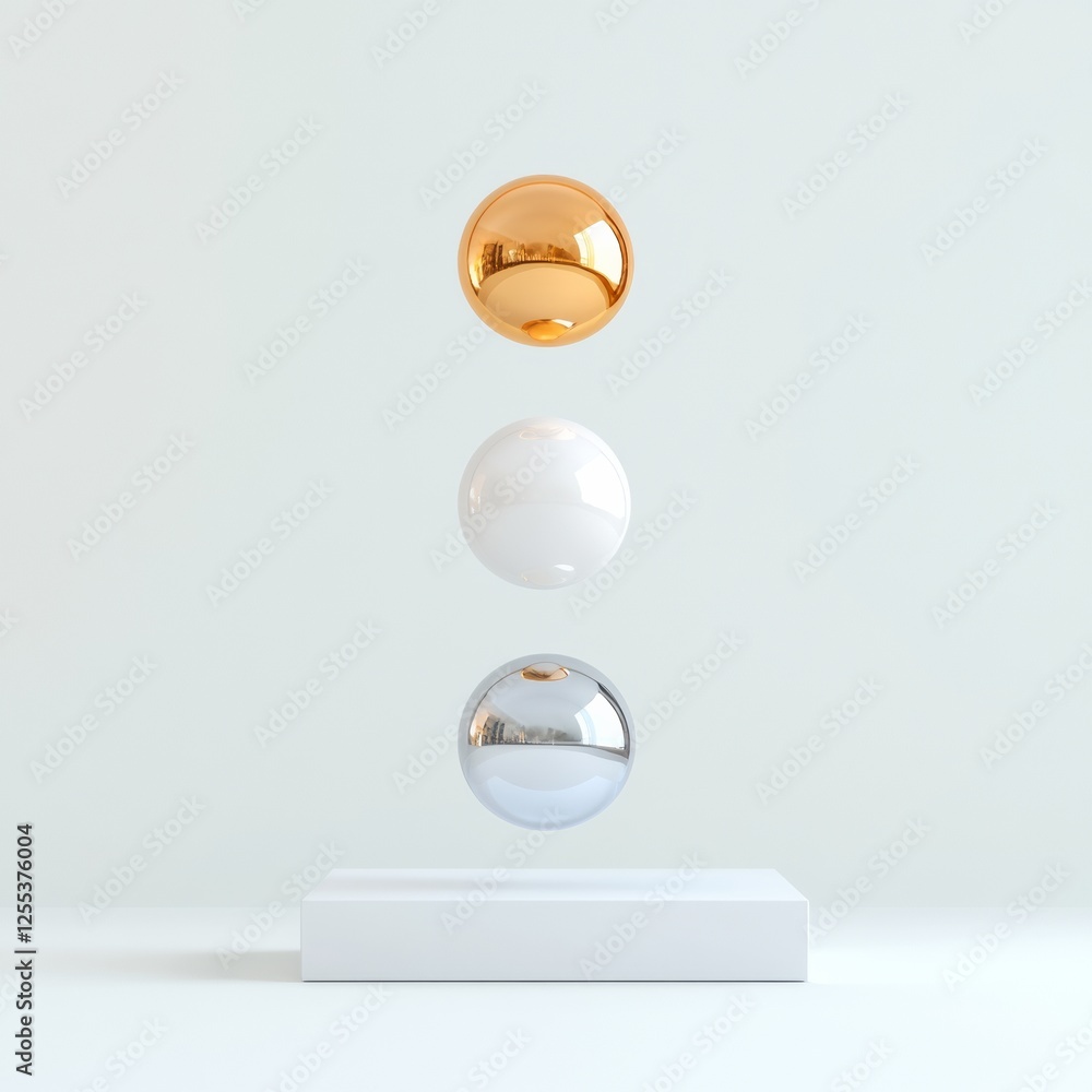 Aufkleber Minimalist Interactive Display Metallic Floating Spheres on Platform - Digital Connection Visuals and Cutting-Edge Marketing for Modern Engagement Strategies